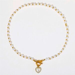 Pearl Goldtone Beads Heart Rhinestone Toggle Necklace